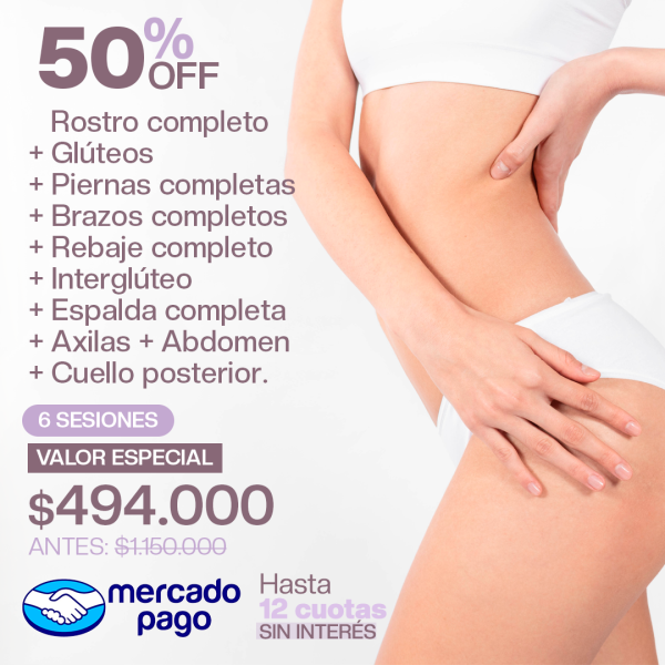 Rostro completo + Glúteos + Piernas completas + Brazos completos + Rebaje completo + Interglúteo + Espalda completa + Axilas + Abdomen + Cuello posterior