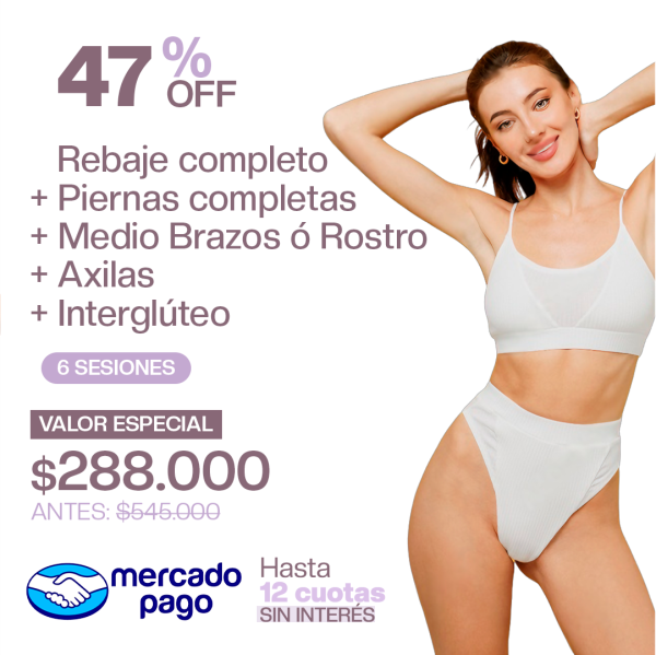 Rebaje completo + Piernas completas + Medio Brazos ó Rostro + Axilas + Interglúteo.