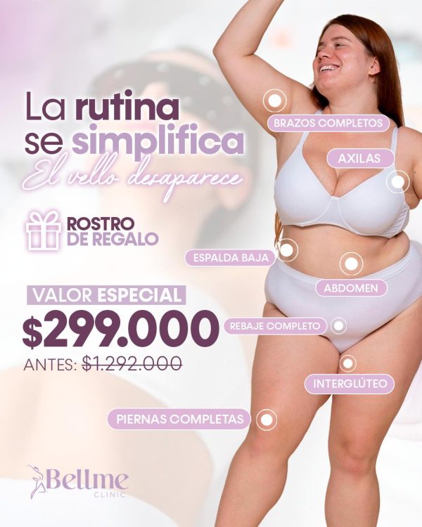 Piernas Completas + Rebaje Completo + Brazos Completos + Interglúteo + Axilas+ Abdomen + Espalda Baja + Rostro de Regalo