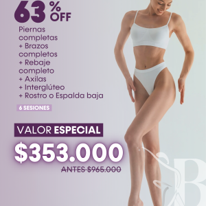 Piernas completas + Brazos completos + Rebaje completo + Axilas + Interglúteo + Rostro ó Espalda baja.